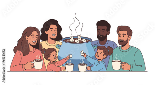 Happy diverse family and friends enjoying hot chocolate with marshmallows around a large pot