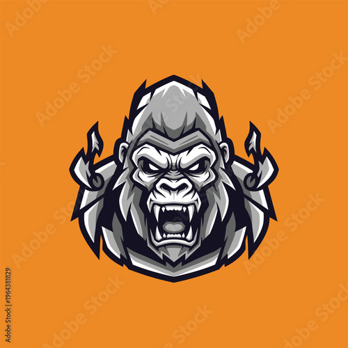 Gray gorilla head with sharp teeth.