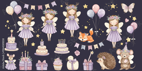 Whimsical fairy tale creatures and birthday celebration decorations in pastel colors on dark background