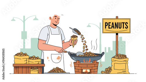 Peanut Vendor: An illustration of a street vendor, working at his stall. Offering fresh roasted peanuts, a savory and popular treat.