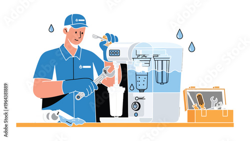Technician Repairing Water Purifier: A skilled technician diligently repairs a water purifier, demonstrating expertise in maintenance and troubleshooting.