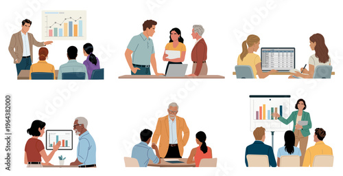 Teamwork unfolds in diverse office settings. Colleagues discuss, present, and analyze with focused energy. Group dynamics reflect collaboration across age and background. Ideal for business, education