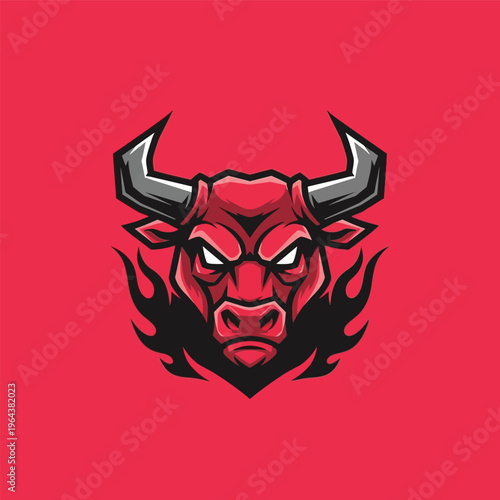 Red angry bull head with horns.