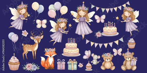 Whimsical fairy tale birthday scene with animals and desserts in pastel colors on dark blue background