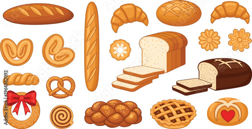 Bakery products collection with bread croissant pretzel pie and pastries fresh baked food illustration set