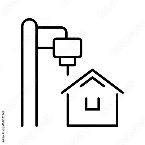 3d printing house icon. Industry and additive manufacturing line symbol. Black and white.