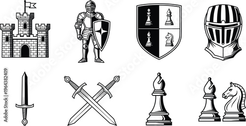 Medieval icons set with knight castle swords shield chess pieces and armor outline illustration collection
