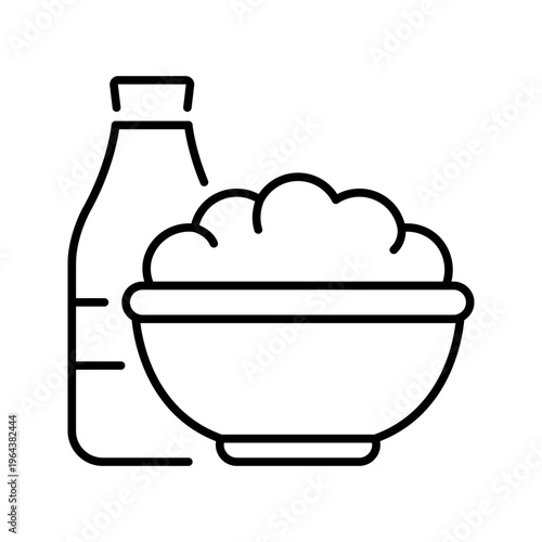 Curd bowl icon. Food and dairy product line symbol. Black and white.