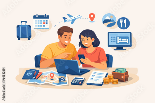 Couple planning a vacation together using technology and travel essentials