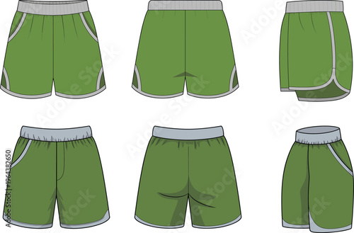 Men sports shorts vector set, front side and back views, athletic running wear design, breathable activewear apparel template – vector illustration