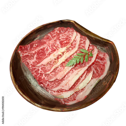 Hand-painted raw sliced top blade beef on a patterned white plate, isolated on transparent background