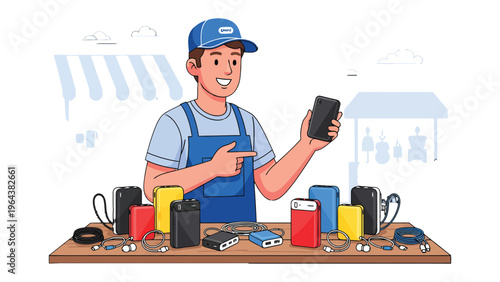 Gadget Tech Dealer's Showcase: A tech-savvy dealer, with an engaging smile, showcases the latest tech, surrounded by innovative gadgets and accessories, inviting exploration and purchase.