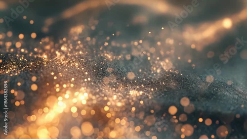 Abstract background featuring countless golden glittering particles shimmering and flowing over a dark, textured surface, creating a magical, elegant bokeh effect with light and shadow