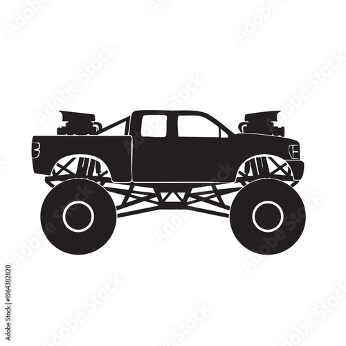 Monster truck silhouette with dual superchargers off-road vehicle icon for extreme sports and automo