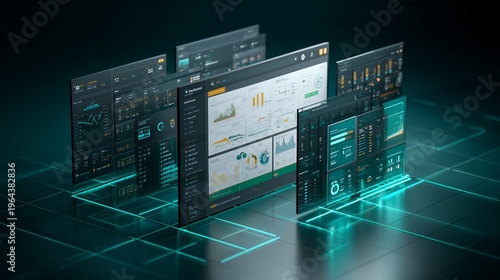 AI SaaS Analytics Control Interface Dashboard Grid With Floating Data Visualization Panels And Cloud Software Monitoring Screens Representing Artificial Intelligence Business Platform Systems 
