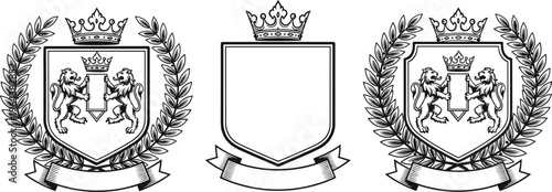 Heraldic crest collection with shield crown lions and laurel wreath vintage emblem illustration set