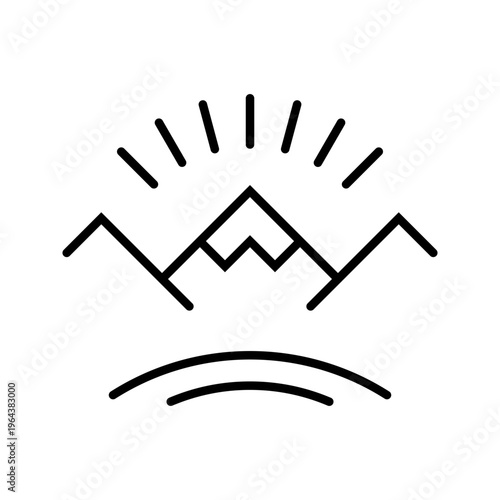 Mountain landscape icon. Travel and ecotourism line symbol. Black and white.