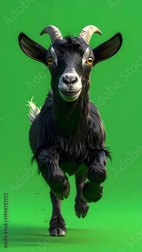 A cute, dark-furred goat with curved horns and bright eyes appears to be playfully charging forward against a vibrant, solid green background