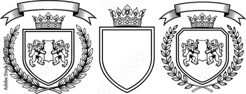 Heraldic crest set with shields crowns lions ribbons and laurel wreath vintage emblem illustration collection