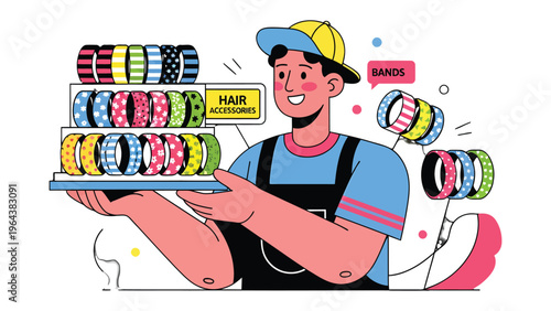 Trendy hair accessory seller: A vibrant illustration of a friendly vendor showcasing a collection of colorful hairbands, embodying style and the joy of accessories.