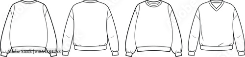 Men sweatshirt collection with crew neck and V neck styles, front and back views, minimalist apparel templates – vector illustration