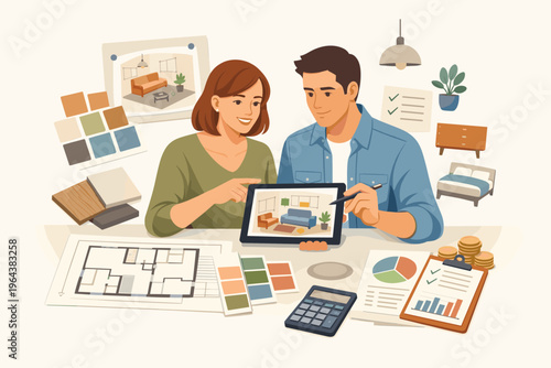 Couple planning home interior design using tablet and blueprints