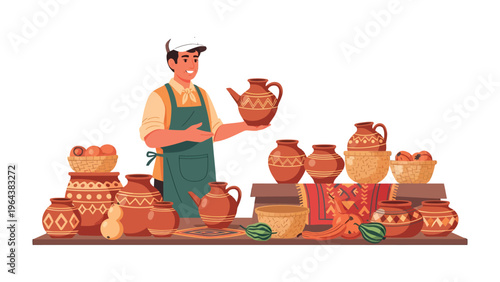 Pottery Artisan: A skilled artisan proudly displays handcrafted pottery, showcasing intricate designs and traditional craftsmanship.