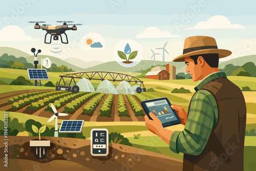 Farmer uses tablet to monitor smart farm with drone, irrigation, and solar power