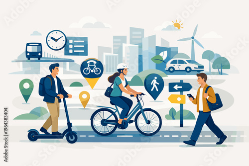 Urban mobility options illustrated with people using bikes, scooters, and cars