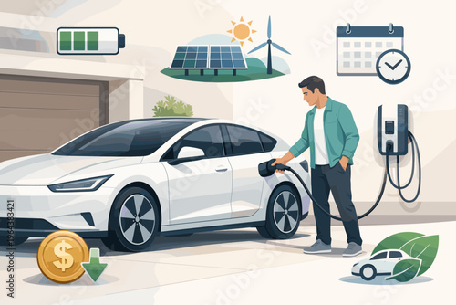 Man charging electric car at home with solar power and cost savings