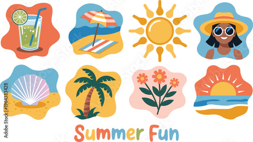 Colorful Summer Vacation Elements Illustration Set. Summer Fun Flat Icon Collection Vector