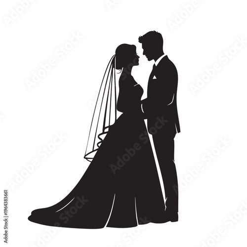 Silhouette of a bride and groom on their wedding day romantic couple in formal attire isolated on wh