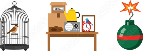 Photos Vintage objects vector set featuring bird in cage, retro radio table scene and e