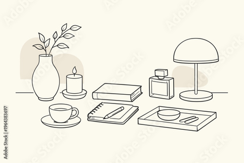 Elegant lifestyle line art composition featuring a vase, candle, coffee cup, book, and desk lamp