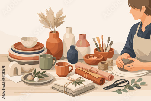 Artisan crafting pottery with natural materials and tools on a wooden table