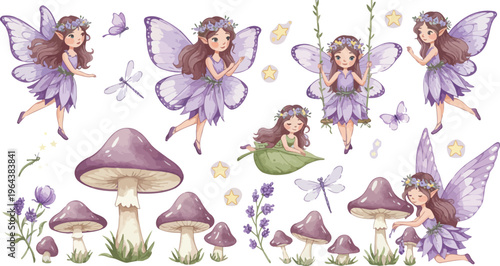 Whimsical illustration of fairies and mushrooms in a magical forest setting with purple flowers and foliage