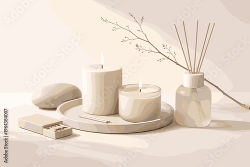 Serene home aromatherapy with lit candles and reed diffuser