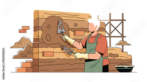 Bricklayer in Action: A skilled bricklayer meticulously applies mortar with a trowel, working on a brick structure, embodying craftsmanship and the art of construction. 