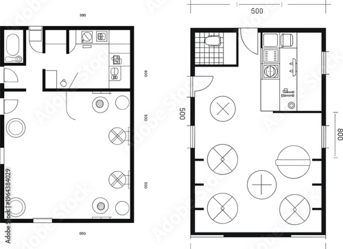 Restaurant floor plan layout with kitchen and seating area, architectural blueprint design, top view interior – vector illustration
