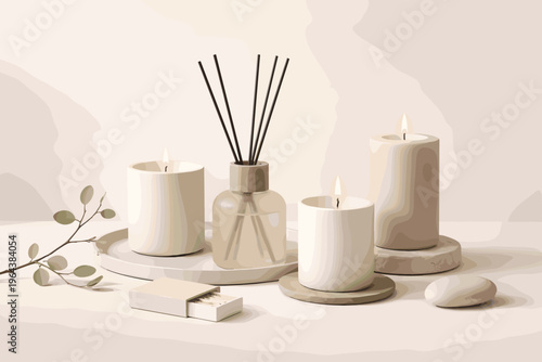 Aromatherapy set with burning candles and diffuser for a calming home ambiance