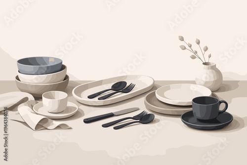 Elegant ceramic tableware collection with neutral tones and minimalist design