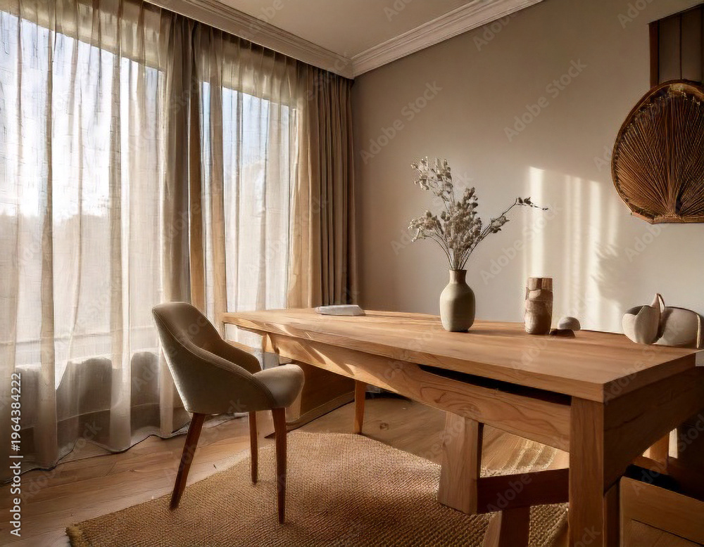 Fototapeta premium Zen style minimalist workspace with sunlit linen curtains and rustic wooden table