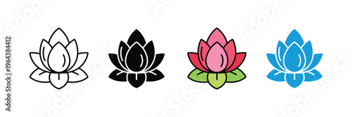 Beautiful lotus flower for spa, yoga and wellness center branding icon set. Spiritual zen lily for meditation and relaxation symbol. Vector Illustration.