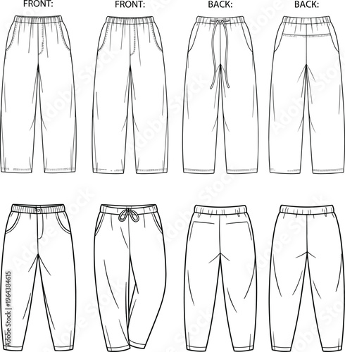 Men jogger pants collection with elastic waistband and drawstring, front and back views, minimalist apparel template – vector illustration