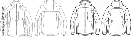 Men outdoor jacket set with hood and zip pockets, front and back views, technical outerwear template – vector illustration