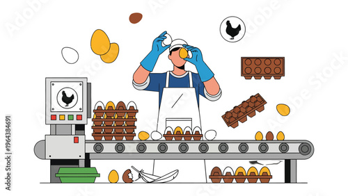 Egg Production Line: An illustration capturing the dynamic scene of egg processing and packaging. A worker is shown meticulously handling eggs at a production facility.