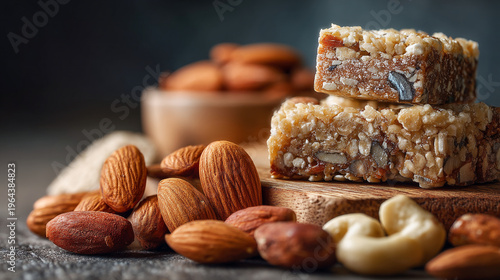 A variety of healthy nuts and granola bars displayed on a rustic surface