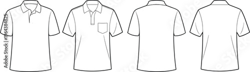 Men polo shirt set with short sleeves and pocket, front and back views, minimalist apparel template – vector illustration