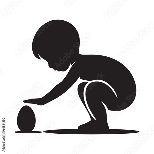 Little Child Crouching to Find Easter Egg Silhouette Vector for Spring Holiday Egg Hunt Event