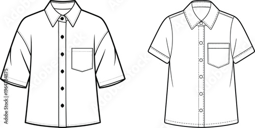 Men short sleeve shirt set, button up casual shirts with pocket, front and back views, fashion apparel templates – vector illustration